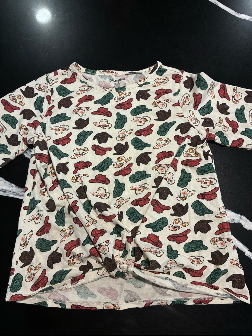Wrangler Cream Long-Sleeve  Top with Red, Green and Brown Hat Print
